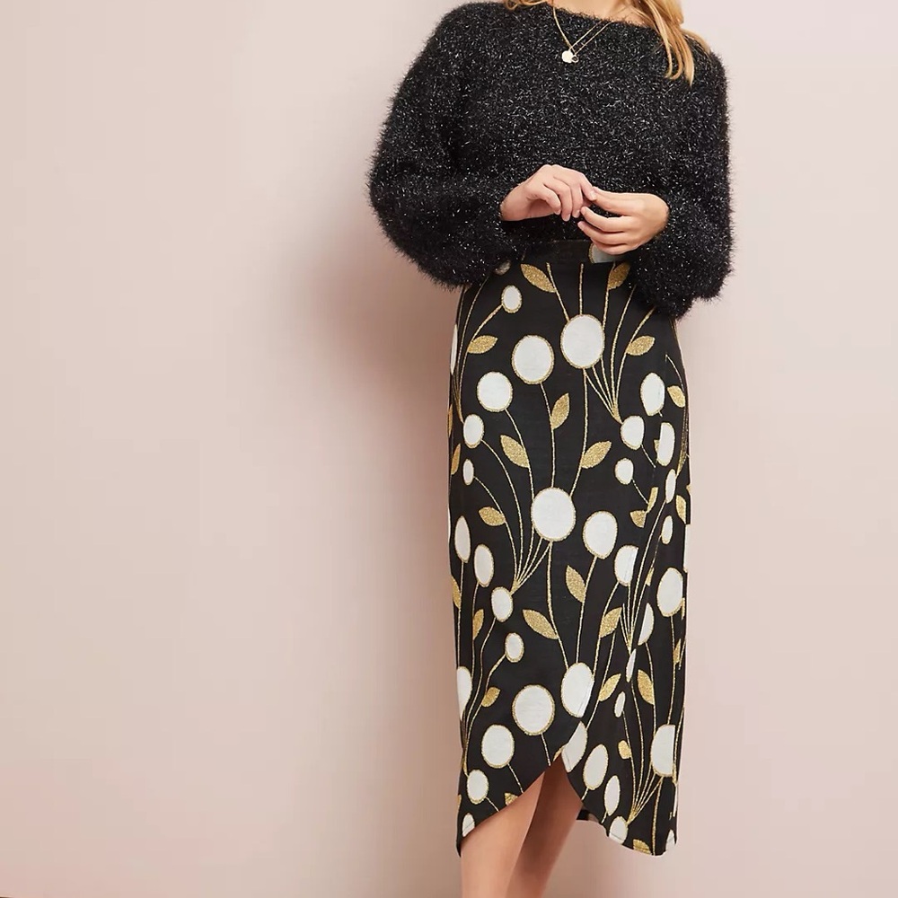Anthropologie Black, Gold and White Floral Midi Skirt